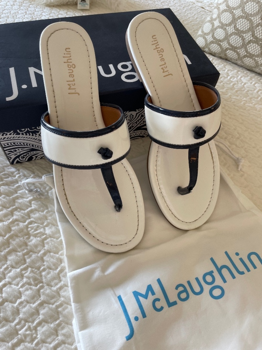 J. McLaughlin White/Blue Patent Sandals